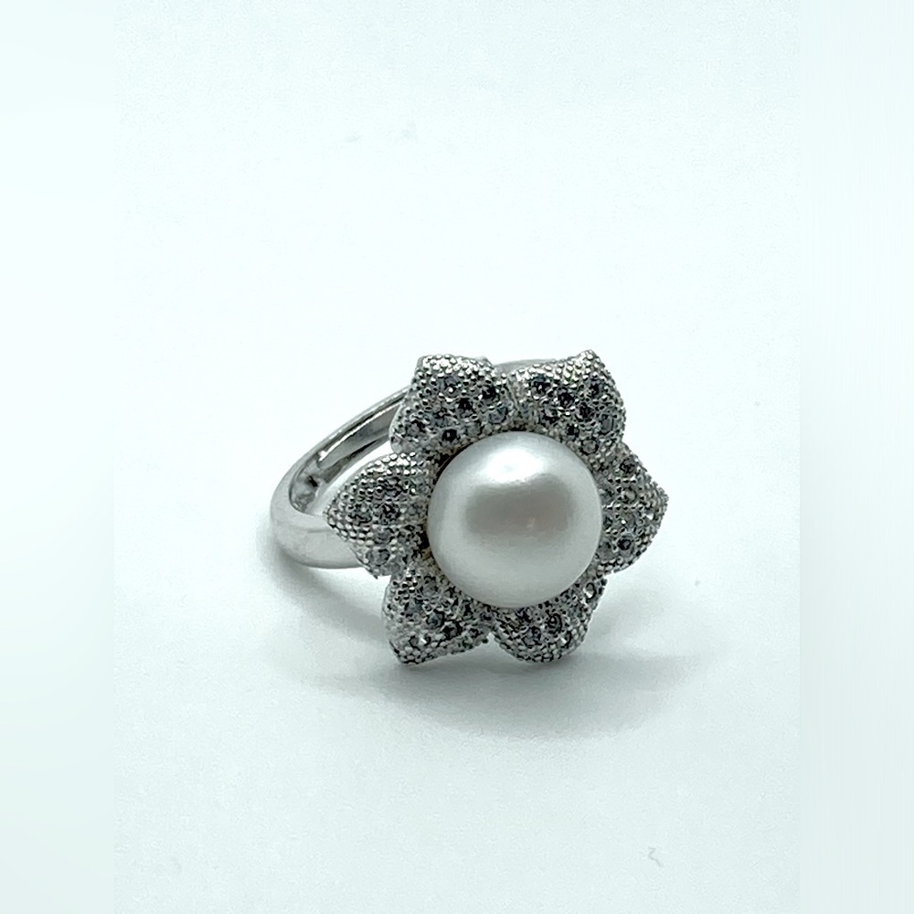 Vtg Sterling Silver Freshwater Pearl CZ Floral Flower Ring Sz 6 Adjustable